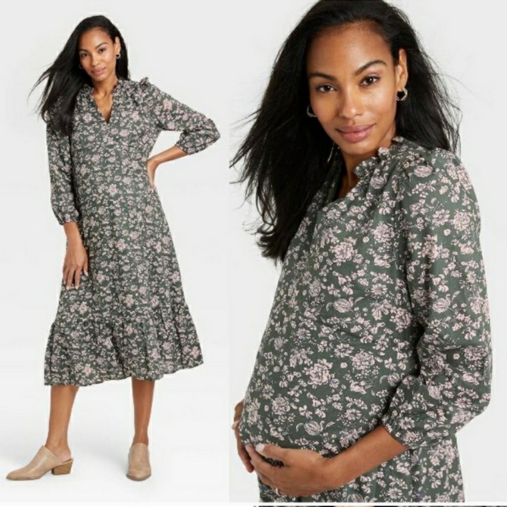 Hatch The Nines Floral Maternity Dress in Green With Pink Floral Pattern